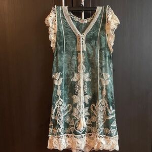 Pinky cotton dress Green and Cream embroidered Lace Dress size XS
